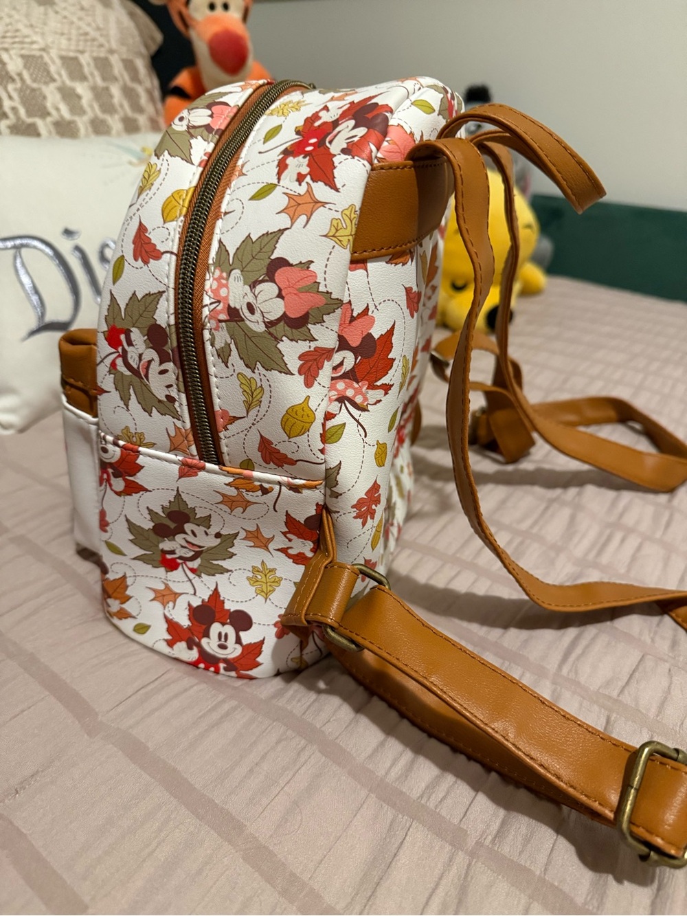 Loungefly White & Tan Minnie & Mickey Autumn Leaves Mini Backpack - Picture 3 of 3